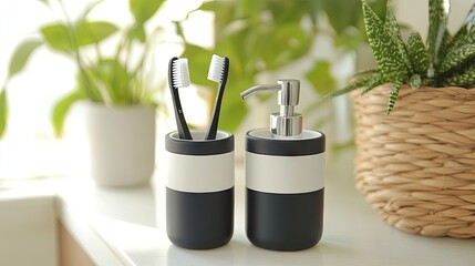 A toothbrush holder and soap dispenser set in sleek black-and-white design.