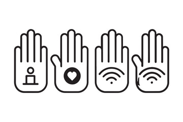 Obraz premium Set of colorful outlined hands with icons, representing technology, communication, healthcare, and connectivity on a white background