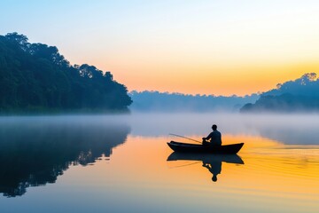 Serene Sunrise Reflection on Calm Water with Fisherman in Boat