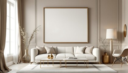 Elegant living room interior design, mockup, beige walls, soft furnishings