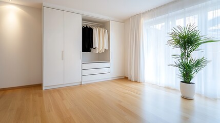 Fototapeta premium Minimalist bedroom with wardrobe bright indoor space modern design tranquil atmosphere