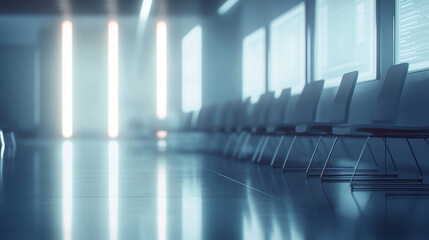 Corporate workspace showcasing sleek furniture, digital boards, and a team of professionals discussing innovative business solutions