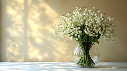 Lily of the valley bouquet in a glass vase on a table, sunlight casts shadows on the wall.
