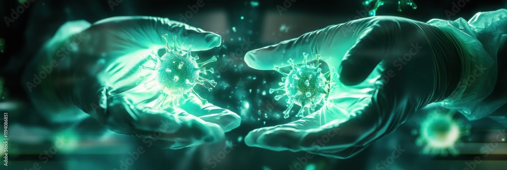 Poster hands in gloves holding glowing viruses surrounded by fading particles during a scientific investiga