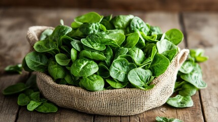 Fresh Green Spinach Leaves in a Rustic Burlap Bowl, Perfect for Healthy Meals and Salads