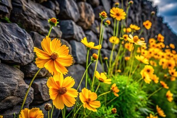 Jeju Island Golden Wave Flowers & Basalt Wall: Vibrant Summer Stock Photo