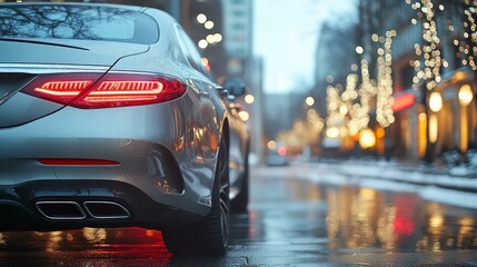 Luxury sedan parked on a wet city street at night.