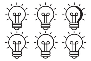 Set of multicolored light bulb illustrations symbolizing bright ideas, energy, and inspiration, isolated on a clean white backdrop