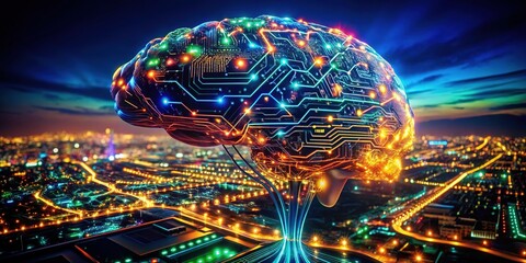 Long Exposure: Neural Network, Circuit Board, City Lights, Abstract Technology Brain