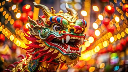 Fototapeta premium Long Exposure Photo of Mythical Dragon Mask with Vibrant Chinese New Year Decorations