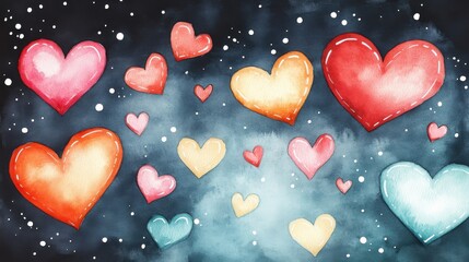 Obraz premium A vibrant watercolor illustration featuring a variety of hearts in different colors and sizes against a dark, starry background. Perfect for love themes.