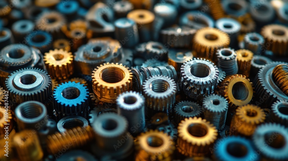 Poster diverse collection of metallic gears and mechanical parts displaying intricate designs and varied te