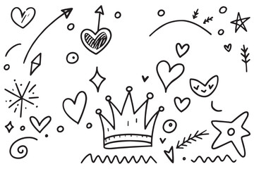 Whimsical Marker Doodles with Hearts, Stars, Crowns, and Arrows in a Playful and Vibrant Style for Creative Projects