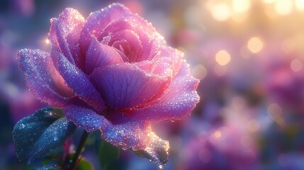 Dew-kissed pink rose at sunrise, glistening petals and soft bokeh background.