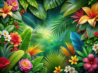 Naklejka premium Lush Tropical Paradise: Vibrant Flowers and Leaves Background with Copy Space