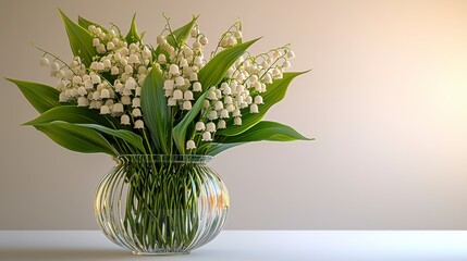 Lily of the valley bouquet in a glass vase on a white surface against a beige background.