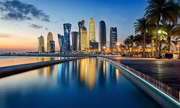 Doha skyline sunset reflection waterfront promenade