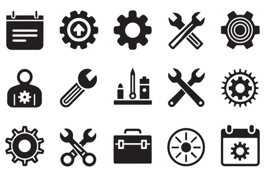 Comprehensive solid icon set with gear symbols, spanners, toolboxes, and mechanical tools, perfect for technology and maintenance themes
