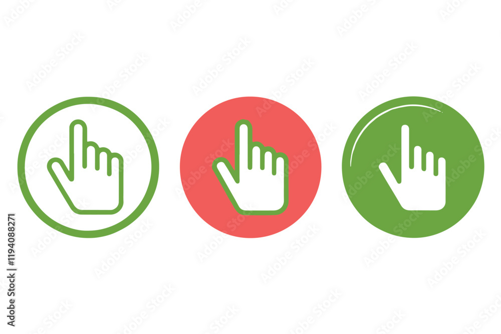 Wall mural circular click icons in red, green, and blue with outlined hand symbols, ideal for indicating select