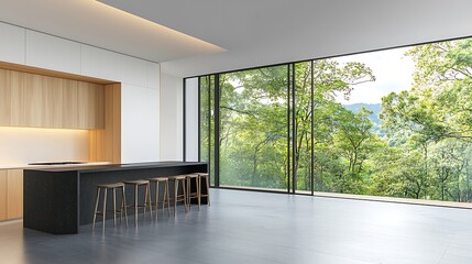 Obraz premium Modern kitchen design with scenic view minimalist style indoor space nature bright atmosphere
