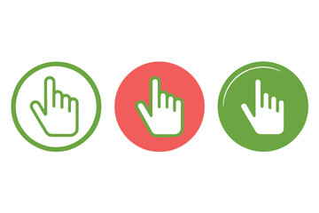 Obraz premium Circular click icons in red, green, and blue with outlined hand symbols, ideal for indicating selection or interaction in UI/UX design
