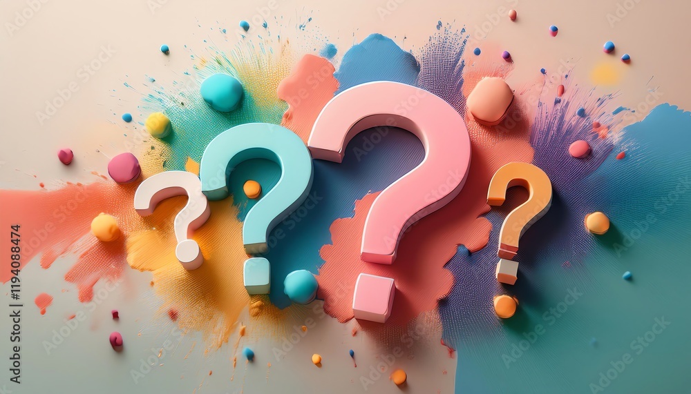 Poster colorful question marks with splashes of paint in the background create a vibrant, artistic represen
