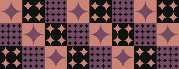 Geometric background with purple and black patterns. The background features a tiled design with purple and black circular and star shapes. Minimal retro geometric star pattern vector background