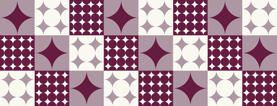 Geometric background with a retro style. The background features maroon and white colors, with maroon patterns on a white and maroon grid. Minimal retro geometric star pattern vector background