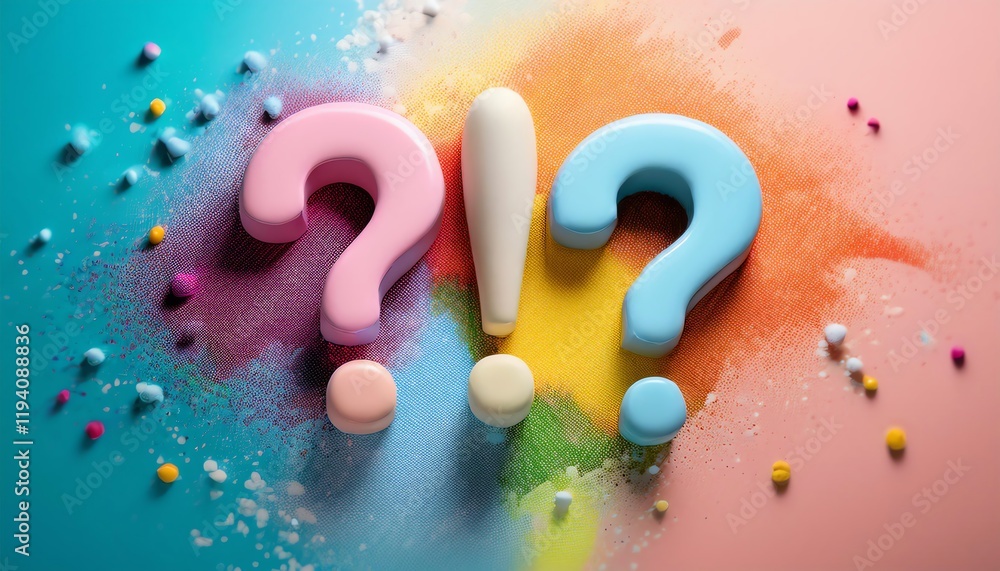 Poster colorful question marks and exclamation points surrounded by vibrant powder and sprinkles create a p