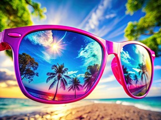 Macro Shot: Blue & Pink Sunglasses Reflecting Summer Day
