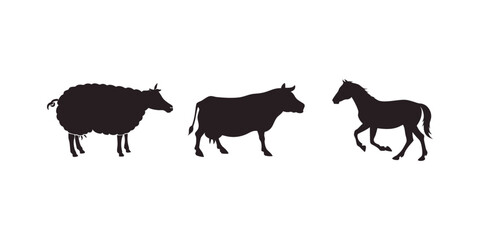 Collection of Farm Animals Silhouette Vector on White Background. Farm Animals Silhouette Collection Vector Illustration with White Background