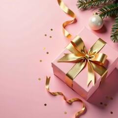 Gift box with gold ribbon, confetti, and holiday decorations on pastel color background, ribbon, holiday, gold