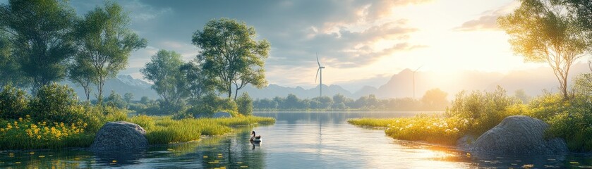 Sustainable duck waddling by a renewable energy pond eco-friendly illustration green environment serene viewpoint