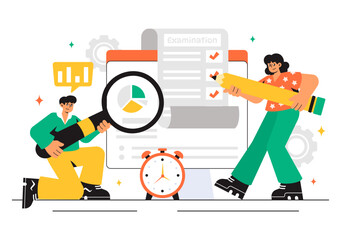 Examination Paper Vector Illustration Featuring an Online Exam, Answer Sheets, Forms, Surveys, and Internet Quizzes in a Flat Style Cartoon Background