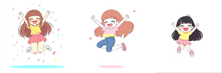 Joyful Cartoon Girls Jumping Celebrating Happy Fun Cute Anime Style Illustration