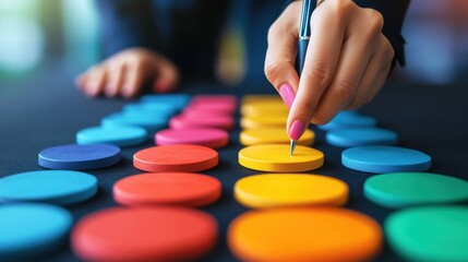 Naklejka premium A hand is using a pen to mark a yellow disc among colorful circular tokens on a dark surface.
