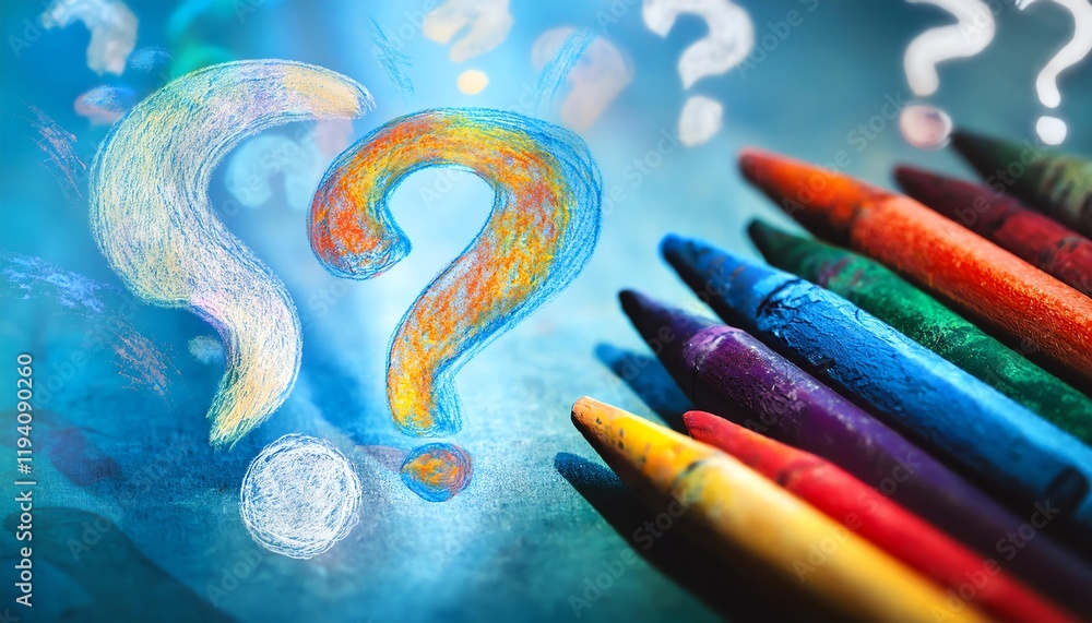 Poster a colorful array of crayons beside vibrant question marks on a blue background, evoking curiosity an