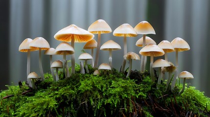Fototapeta premium Wild Mushrooms Growing on a Moss-Covered Forest Floor in the Heart of Nature’s Woodland Habitat