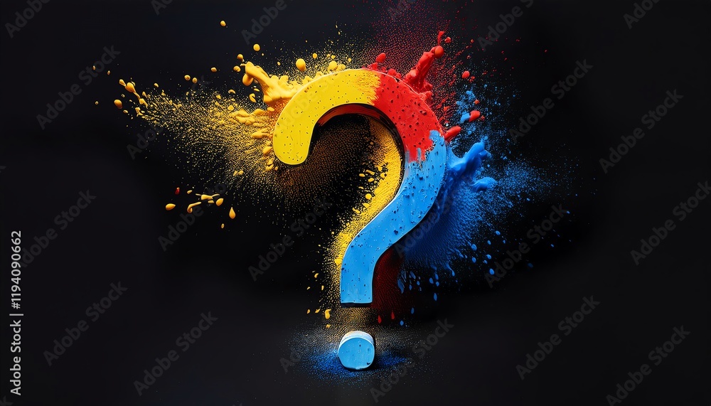 Poster a colorful splash forms a question mark, symbolizing curiosity and creativity against a dark backgro