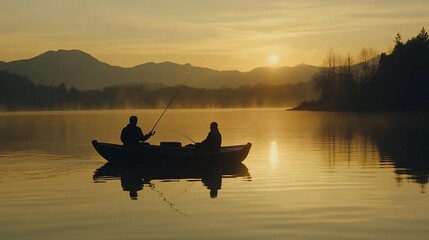 Silhouetted figures fishing on a tranquil lake at sunset, evoking peace and leisure.