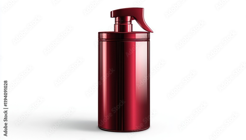 Poster metallic red spray can with fine mist nozzle, rendered in a dynamic skewed position for a striking v