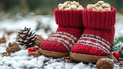 Red knitted boots filled with popcorn and cookies on snowy ground with pine cones and Christmas ornaments.