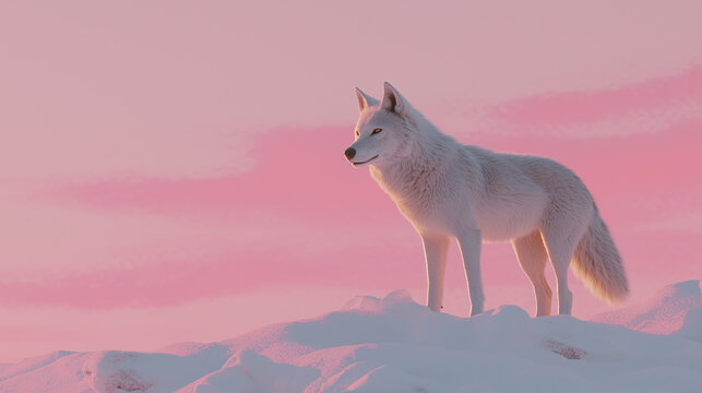 Lone wolf standing on a snowy hill, pink backdrop  