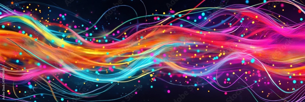 Poster vibrant energy lines and dots illustrating active communication and data exchange in colorful patter
