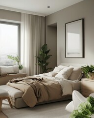 modern introvert friendly bedroom with calming atmosphere, featuring cozy bed, soft lighting, and lush green plants. neutral color palette enhances serene vibe