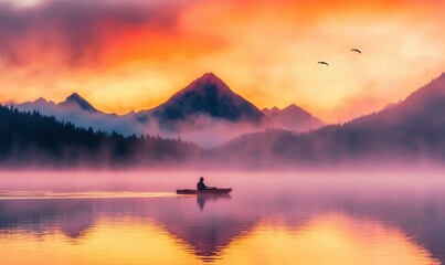 Serene Kayaker at Sunrise on Calm Lake Surrounded by Mountains