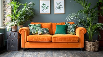 Cozy living room scene with orange sofa indoor plants home decor natural light vibrant colors