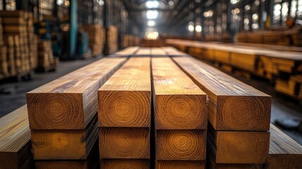Stacking Freshly Cut Lumber in a Well-Lit Industrial Warehouse with Sunlight Filtering Through the Windows