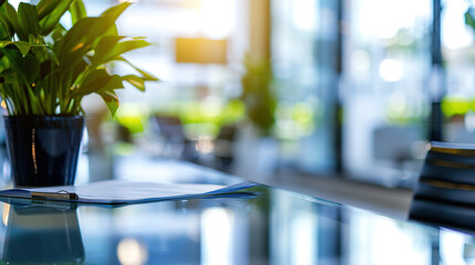 Corporate policy document on a sleek glass desk in a modern office setting, symbolizing professionalism and business clarity. Professional workplace and corporate governance concepts.