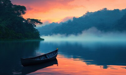 Serene Morning Lake Scene with a Canoe and Colorful Sunrise